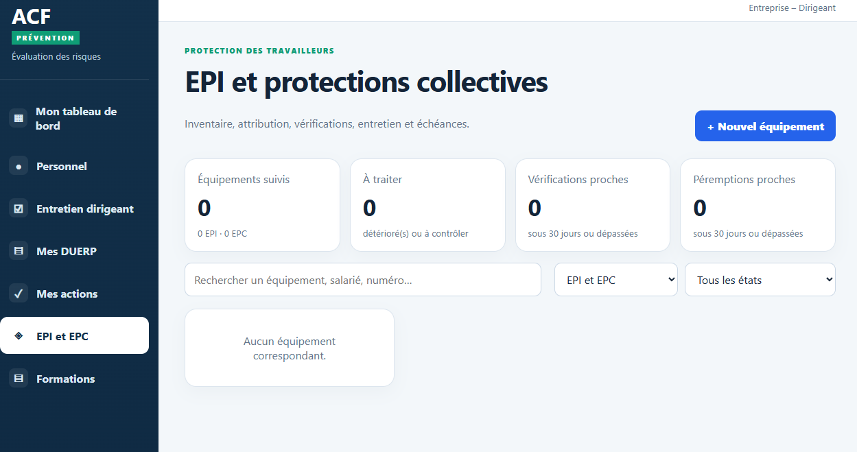 Écran de gestion des EPI et protections collectives