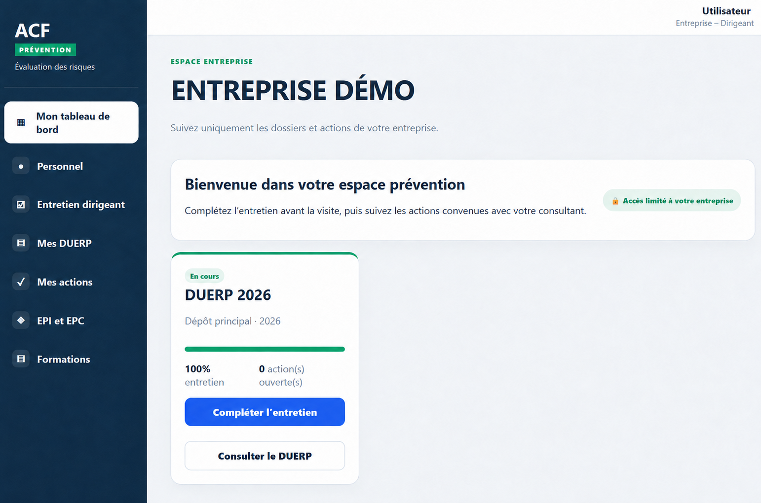 Tableau de bord d’ACF Prévention pour une entreprise de démonstration